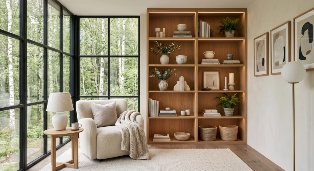 A luxury Scandinavian bookshelf styled with linen-bound books, handcrafted ceramic vases, artisan candles, small indoor plants, sculptural décor, and warm oak shelving that adds personality and hygge charm.