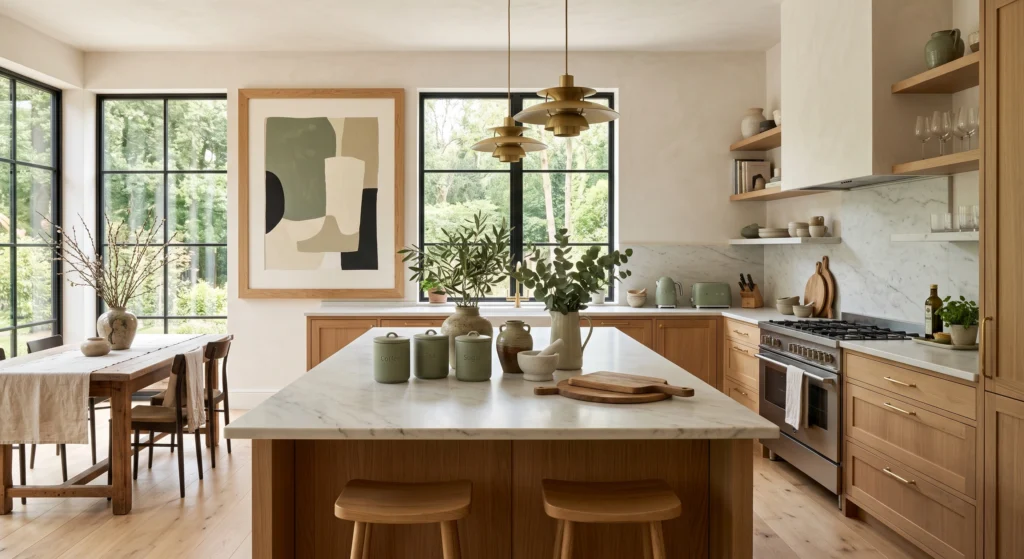 A minimalist Scandinavian kitchen decorated with sage green accessories including a kettle, ceramic canisters, fresh herbs, handcrafted pottery, natural oak cabinetry, oversized wall art, and warm organic styling.