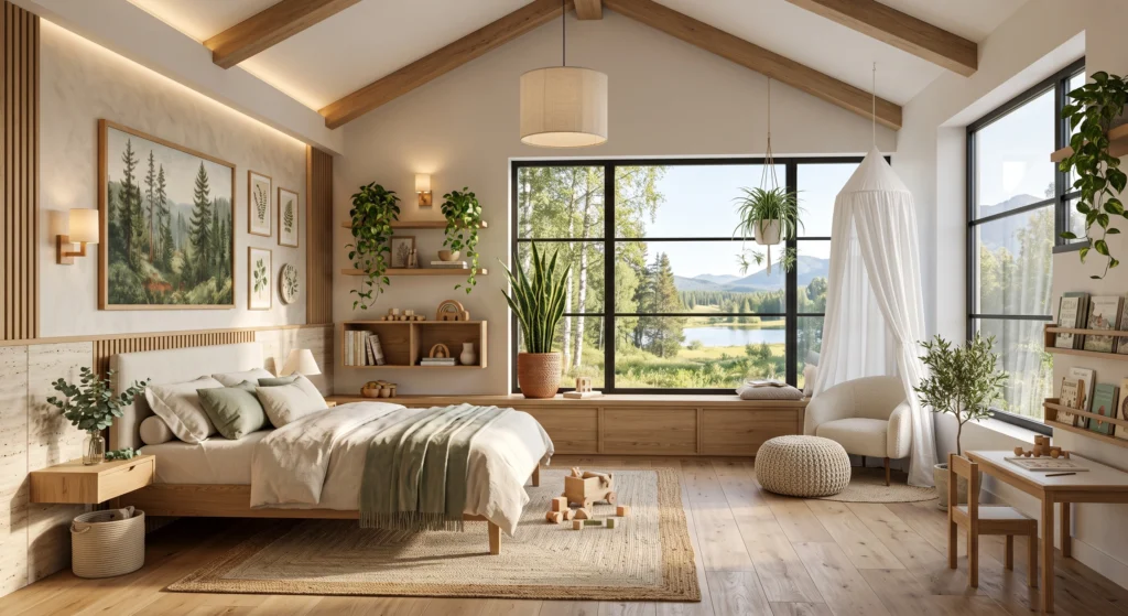 A serene Scandinavian children's bedroom filled with carefully placed indoor plants, including a snake plant, cascading pothos, and spider plant displayed in handcrafted ceramic and terracotta planters. Surrounded by warm oak furniture, soft linen textiles, and abundant natural sunlight, the lush greenery brings freshness, life, and a beautiful connection to nature.