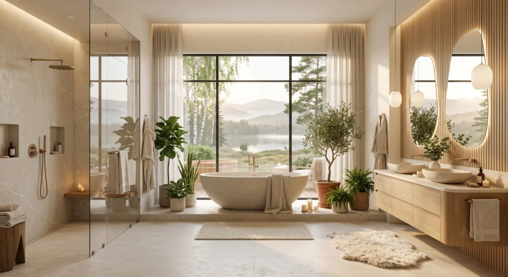 A cozy luxury Scandinavian master bathroom styled with oversized organic cotton towels, Belgian linen textiles, plush wool bath rugs, lush olive trees, snake plants, eucalyptus branches, handcrafted ceramic planters, and warm natural light creating a relaxing Nordic spa retreat.