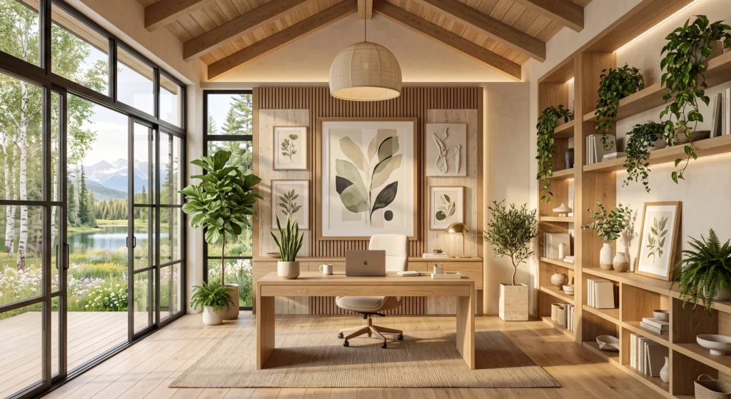 A biophilic Scandinavian study room comes to life with carefully placed indoor plants including a fiddle leaf fig, snake plant, ZZ plant, cascading pothos, and fresh eucalyptus. Natural greenery softens the clean architecture while reinforcing the connection between indoor living and the surrounding Nordic landscape visible through expansive windows. Combined with handcrafted oak furniture, ceramic planters, and warm natural light, the living plants create a refreshing workspace that promotes creativity, productivity, and emotional well-being.