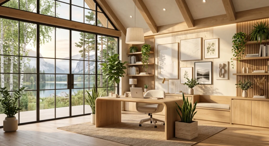 A stunning Scandinavian workspace filled with lush indoor greenery including a fiddle leaf fig, snake plant, ZZ plant, pothos, and fresh eucalyptus displayed in handcrafted ceramic and travertine planters. Combined with warm oak furniture, natural stone finishes, panoramic forest views, and soft daylight, the office creates a refreshing biophilic environment that feels calm, healthy, and inspiring.