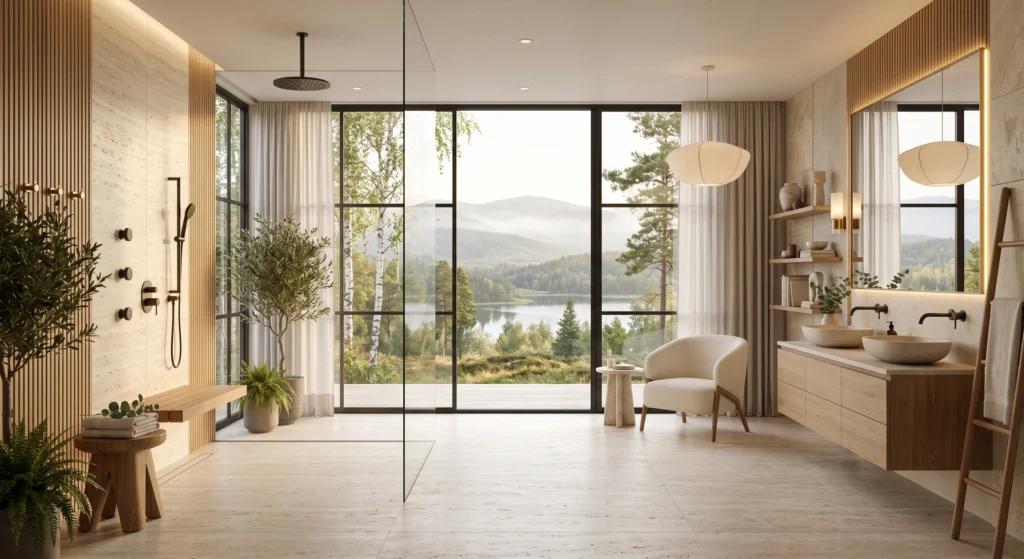 A premium Scandinavian shower featuring elegant brushed brass rainfall shower fixtures paired with creamy limestone walls, warm oak accents, floating vanity cabinets, frameless glass, and soft neutral décor. The luxurious metallic finishes provide beautiful contrast while maintaining a refined Nordic spa aesthetic.