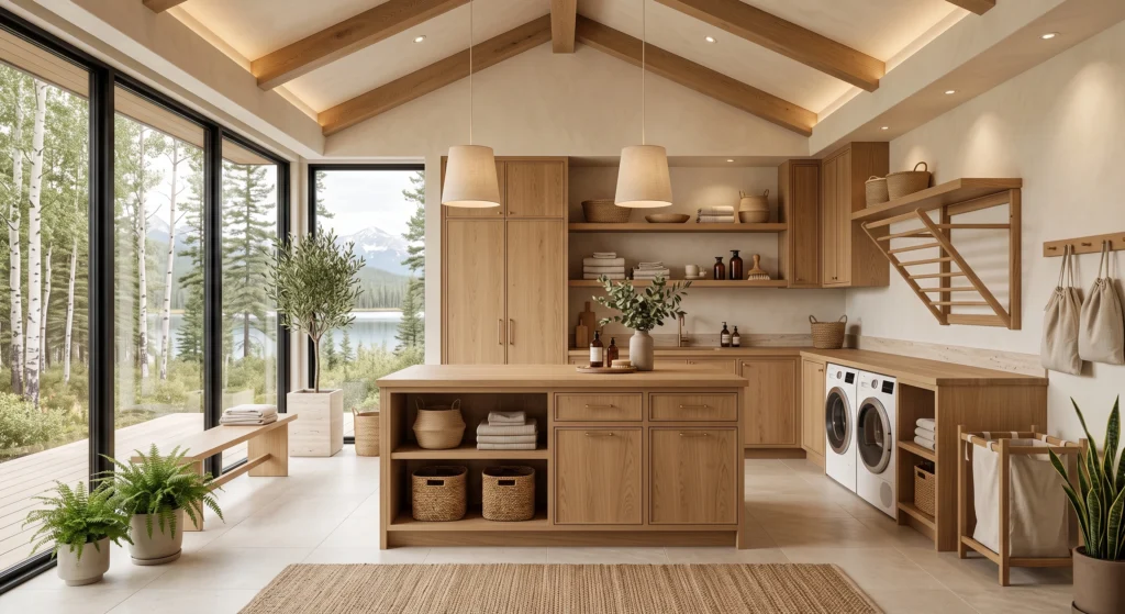 A luxurious Nordic laundry room showcasing handcrafted light oak cabinetry, floating wooden shelves, a solid oak folding countertop, and natural timber details that bring warmth to crisp white interiors. Soft linen textiles, woven baskets, and abundant daylight create a cozy yet sophisticated Scandinavian atmosphere.
