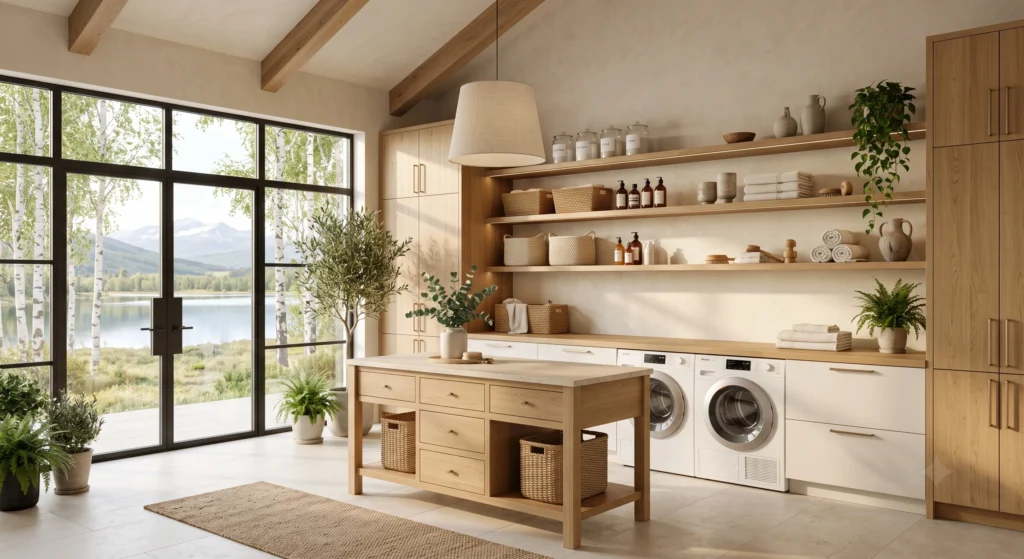 A stylish Scandinavian laundry room with floating oak open shelves beautifully styled with clear glass detergent jars, woven baskets, folded linen towels, handcrafted ceramics, and lush greenery. The carefully curated shelves follow minimalist Nordic styling with generous negative space, creating an elegant and uncluttered look.