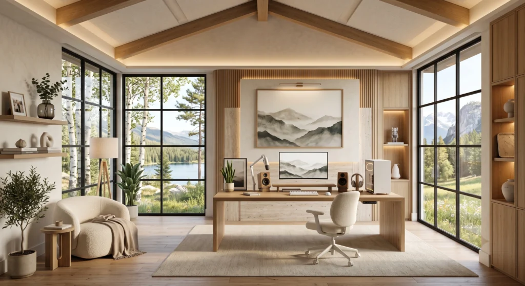A warm Scandinavian gaming room personalized with one framed minimalist gaming artwork, a small collectible figure displayed on a floating shelf, and a simple framed photograph resting on the desk. The meaningful decorative pieces add personality while preserving the clean, uncluttered Nordic aesthetic through generous negative space.