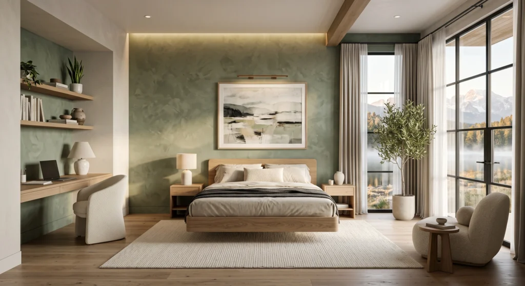 A sophisticated Scandinavian teen bedroom featuring a muted sage green accent wall behind a floating oak platform bed. Warm ivory walls, Belgian linen bedding, handcrafted oak furniture, and soft ambient lighting balance the bold feature wall. Large windows overlook a peaceful Nordic forest, while minimalist décor and natural textures create a stylish yet calming space with just the right amount of personality.
