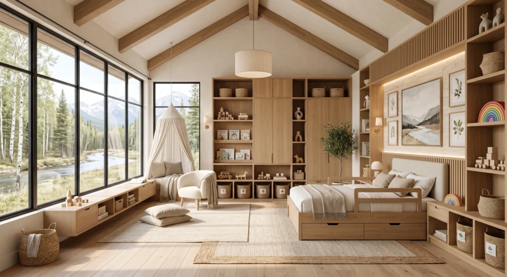 A beautifully organized Scandinavian children's room with floating oak bookshelves, woven storage baskets, concealed under-bed drawers, built-in cabinetry, and child-friendly open shelving. Thoughtfully designed storage keeps toys, books, and everyday essentials neatly arranged, creating a peaceful space where children can easily access and tidy their belongings.