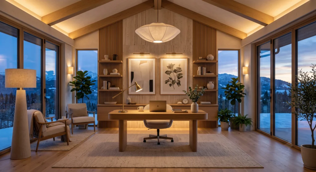 A sophisticated Scandinavian study room glows with beautifully layered 2700K warm lighting designed for comfortable evening productivity. An adjustable brass task lamp, linen pendant light, elegant floor lamp, recessed ceiling lighting, and softly illuminated wall art create a perfectly balanced atmosphere free from harsh glare. The warm lighting enhances the European white oak furniture, travertine accents, and cozy textures, creating an inviting workspace that feels peaceful long after sunset.