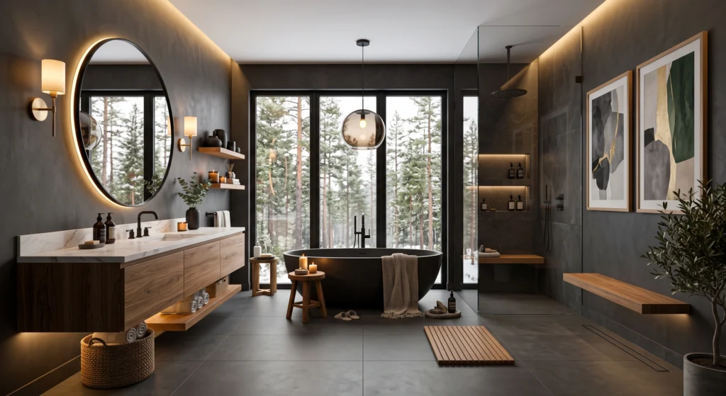 Multiple layers of warm lighting, glowing wall sconces, pendant lights, and candles transform this dark Scandinavian bathroom into a relaxing spa-inspired retreat.