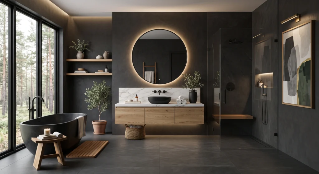 A glowing backlit mirror becomes the focal point of this luxurious Nordic bathroom, adding soft ambient light to the dramatic charcoal interior.