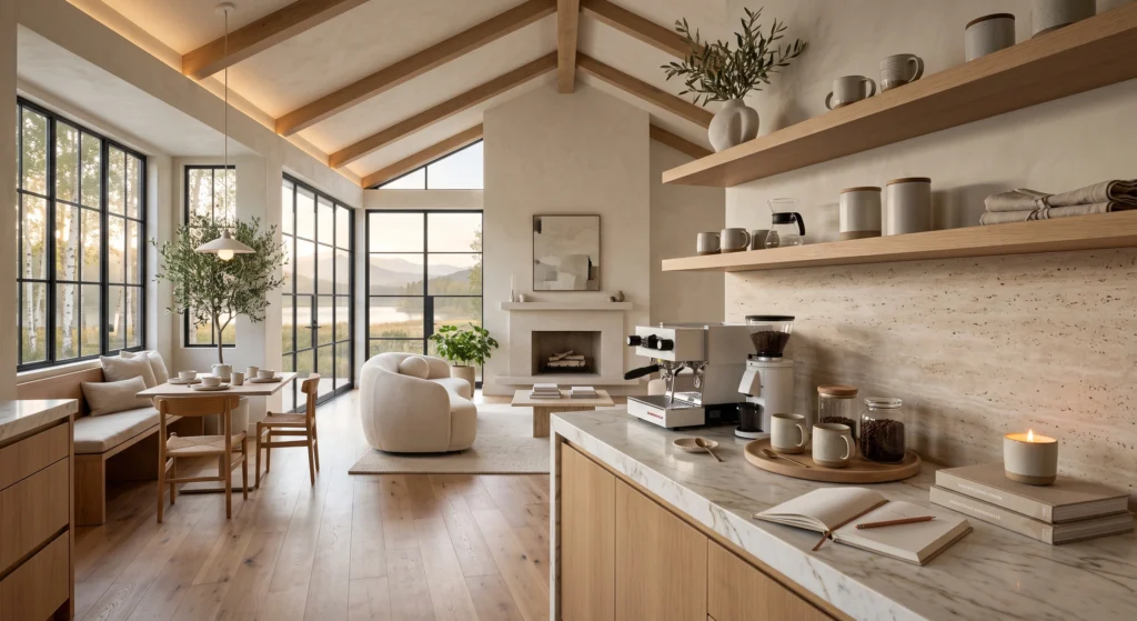 A peaceful Scandinavian coffee station styled with a handcrafted linen journal, a small stack of neutral coffee table books, and a softly glowing ceramic candle beside a premium espresso machine. Warm sunrise light, European white oak cabinetry, handcrafted pottery, and Belgian linen create a slow-living Nordic coffee ritual that feels calm, cosy, and inviting.