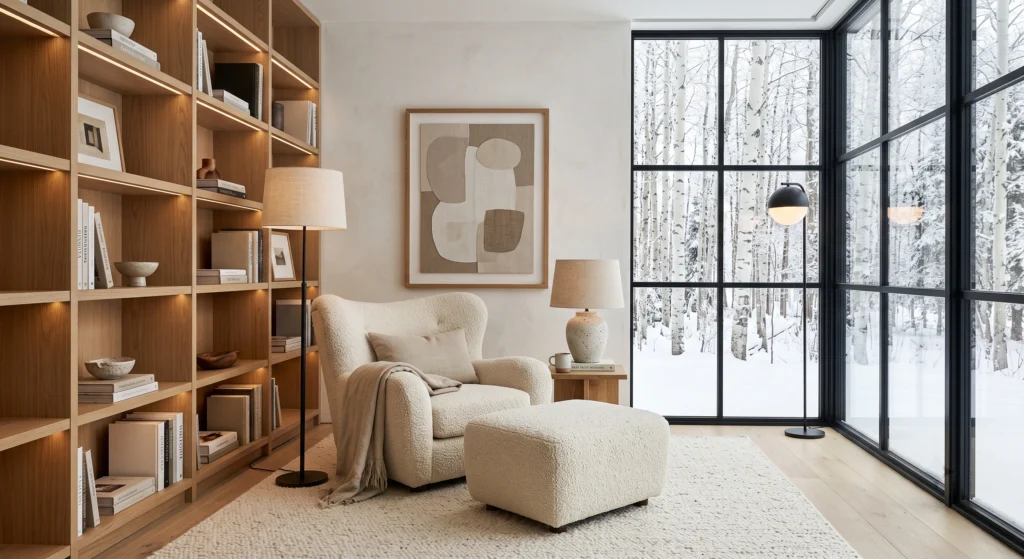 A luxurious Scandinavian reading nook with a plush cream boucle armchair, soft knitted throw blanket, handcrafted oak bookshelf, cozy side table, warm lighting, and panoramic forest views through large windows.