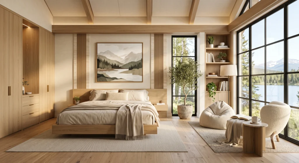 A luxury Scandinavian teen bedroom featuring a cozy reading corner beside large floor-to-ceiling windows overlooking a tranquil forest. A sculptural bouclé lounge chair, soft wool rug, Belgian linen floor lamp, handcrafted oak side table, and cashmere throw create the perfect relaxation zone. Warm natural light and minimalist styling make the nook feel peaceful, inviting, and effortlessly elegant.
