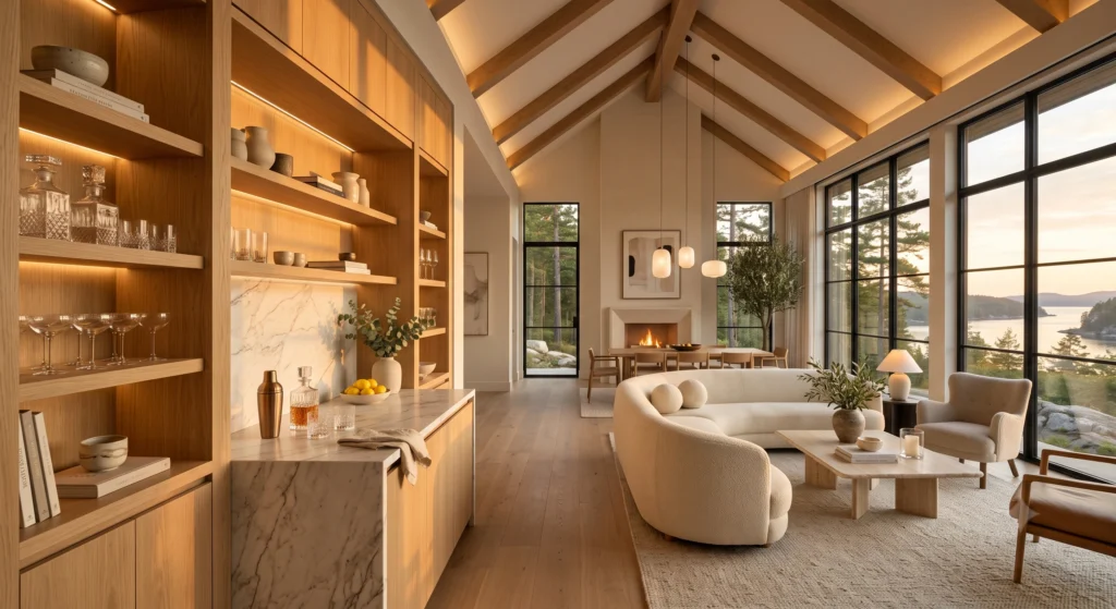A luxurious Scandinavian conversation lounge seamlessly connected to a bespoke built-in home bar. A curved ivory bouclé sofa, two sculptural lounge chairs, an Italian travertine coffee table, European white oak side tables, and a large New Zealand wool rug create an intimate seating area designed for relaxed conversation. Warm architectural lighting, a limestone fireplace, handcrafted décor, indoor olive trees, panoramic floor-to-ceiling windows, and breathtaking Nordic scenery make the space feel welcoming, sophisticated, and perfect for entertaining.