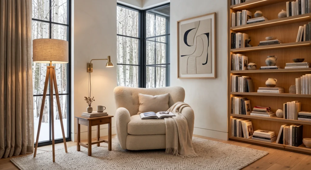 A warm Scandinavian reading corner illuminated by a tripod floor lamp and minimalist wall sconce, featuring a custom oak bookshelf, comfortable reading chair, layered lighting, and elegant Nordic styling.