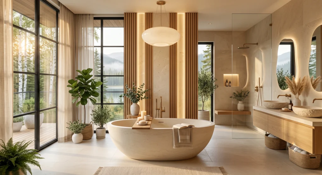 A stunning Scandinavian master bathroom centered around a sculptural freestanding natural stone soaking tub positioned beside floor-to-ceiling windows overlooking a peaceful Nordic forest, complete with soft lighting and minimalist décor.