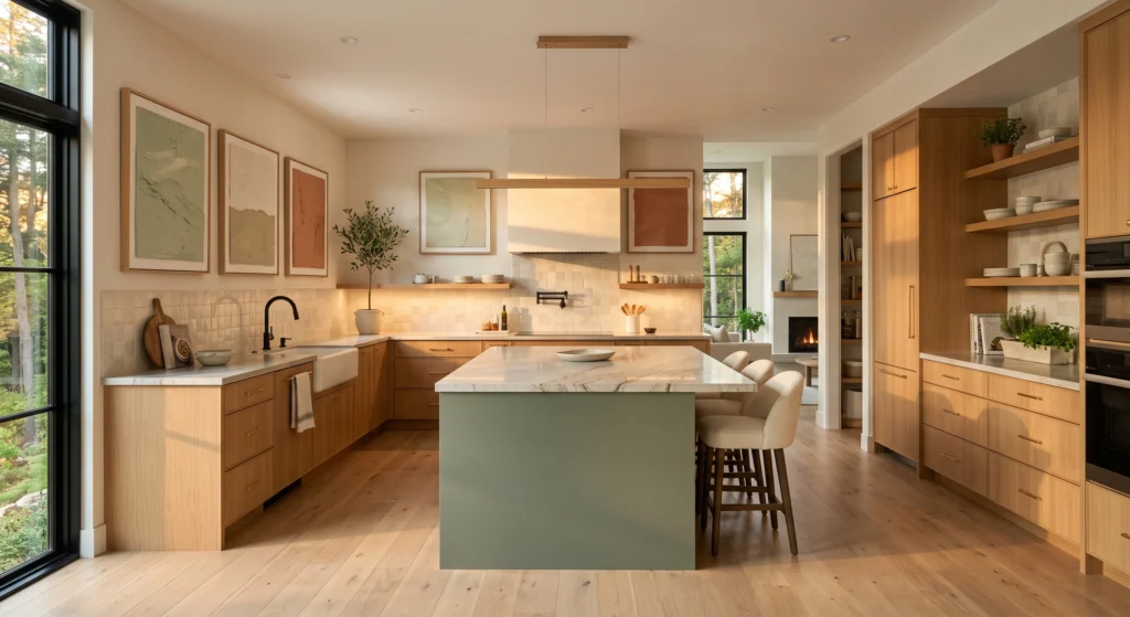 A luxury Nordic kitchen centered around a stunning matte green kitchen island with a waterfall stone countertop, surrounded by natural oak cabinetry, designer pendant lights, oversized wall art, and warm Scandinavian styling.