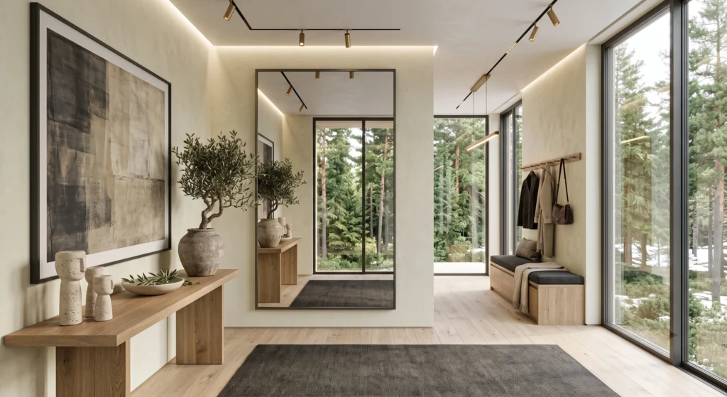 A bright Nordic entryway showcasing an oversized round oak-framed mirror reflecting natural light, floating oak console table beneath, warm white walls, cream runner rug, smoked glass pendant light, olive tree in ceramic planter, Scandinavian luxury styling, photorealistic editorial photography.