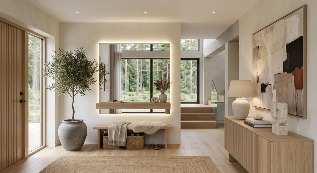 A sophisticated Scandinavian foyer featuring an oversized round mirror with an integrated floating oak shelf styled with a ceramic planter, candle, framed artwork, warm white walls, premium oak furniture, editorial interior photography.