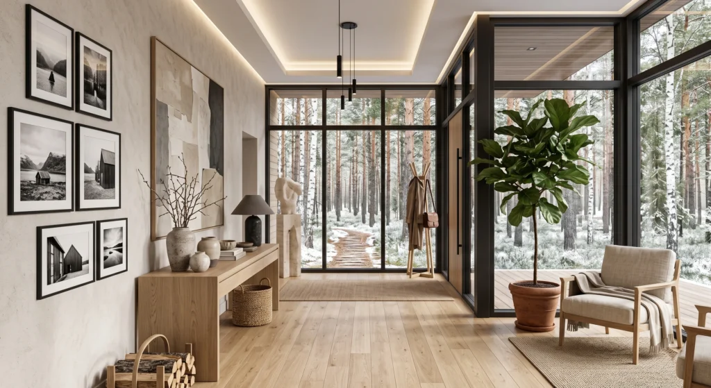 A welcoming Scandinavian entrance featuring handcrafted ceramic vases, framed fine art photography, abstract artwork, floating oak console, oversized mirror, olive branches, warm oak flooring, elegant personalized Nordic décor.
