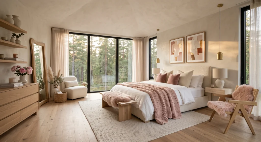 Cozy Scandinavian bedroom with blush throw blanket, sheepskin and Nordic décor.