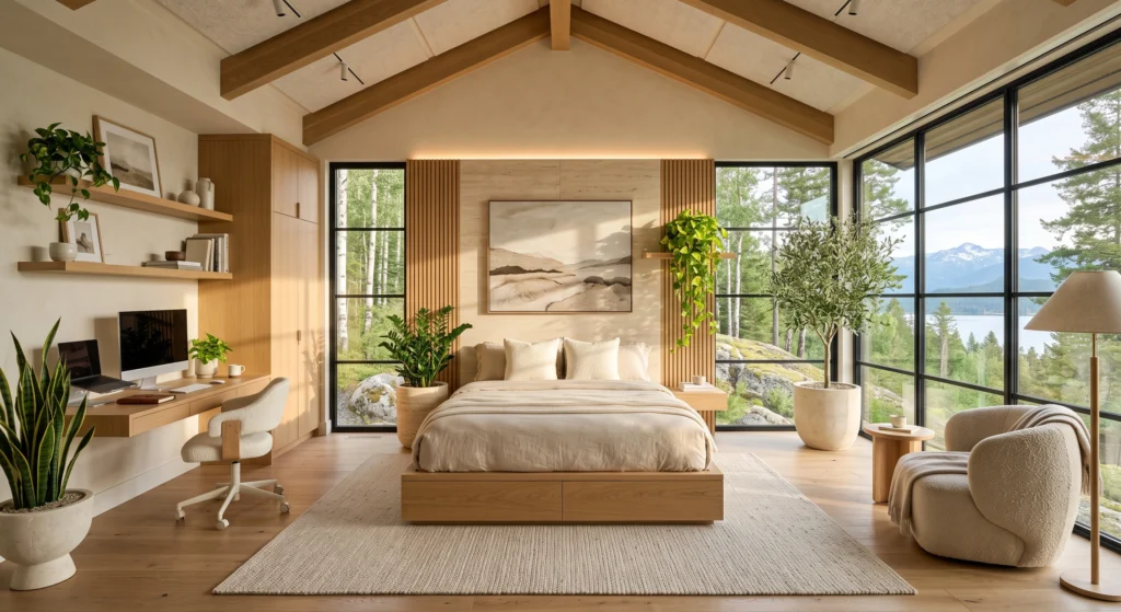 A serene Scandinavian teen bedroom enhanced with carefully placed low-maintenance indoor plants including a tall snake plant, a healthy ZZ plant, cascading pothos vines, and a mature olive tree in handcrafted stone planters. The greenery softens the clean architecture, complements the natural oak furniture, and creates a fresh biophilic atmosphere filled with warmth and tranquility.