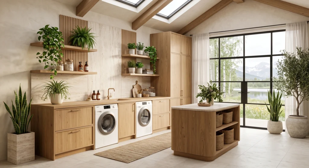 A serene Scandinavian laundry room enhanced with lush indoor greenery, including a snake plant, cascading pothos, and a spider plant displayed on floating oak shelves and countertops. The fresh botanical styling softens the minimalist architecture while adding warmth, color, and a peaceful connection to nature.