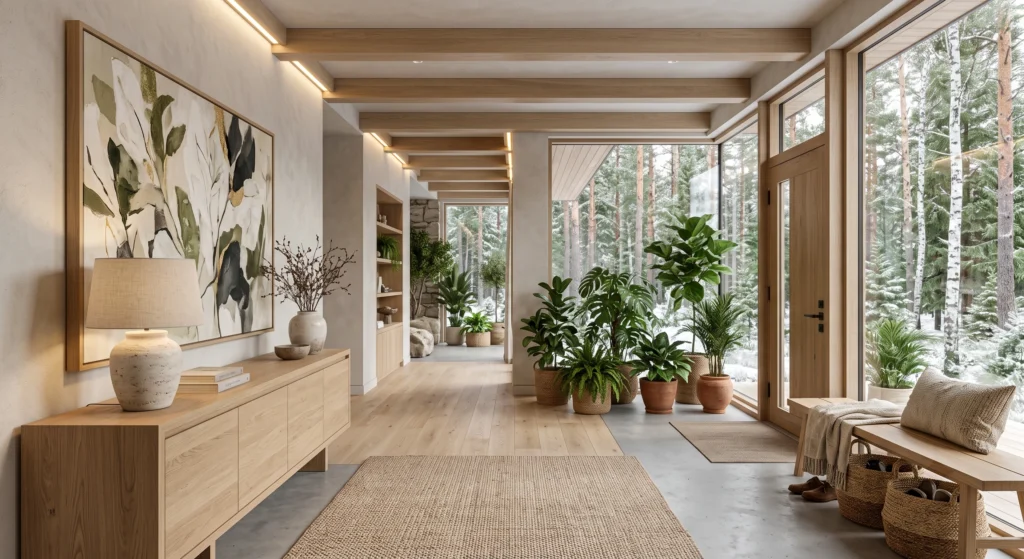 A luxury Nordic entrance showcasing a large fiddle leaf fig tree, olive bonsai, snake plant in ceramic pots, floating oak console, oversized mirror, cream linen bench, warm sunlight, biophilic Scandinavian design.