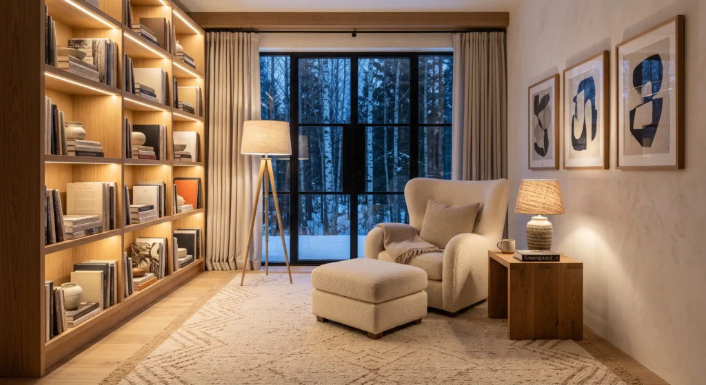 A cozy Scandinavian reading nook anchored by a premium ivory wool rug, cream boucle chair, handcrafted oak bookshelf, soft textiles, natural wood finishes, and warm hygge-inspired décor.