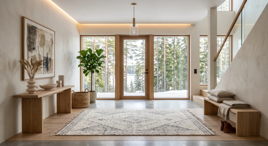 A refined Scandinavian entrance featuring a premium wool runner with soft geometric Nordic patterns in ivory, greige, sage, and charcoal, layered over a jute rug, oak flooring, floating console, warm architectural lighting.