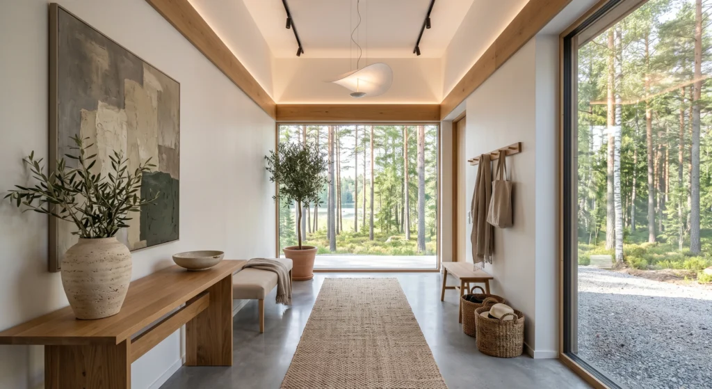 A bright Scandinavian entrance featuring an oversized cream New Zealand wool runner layered over a natural jute rug, floating oak console, oversized mirror, designer pendant light, warm oak flooring, luxury editorial styling.