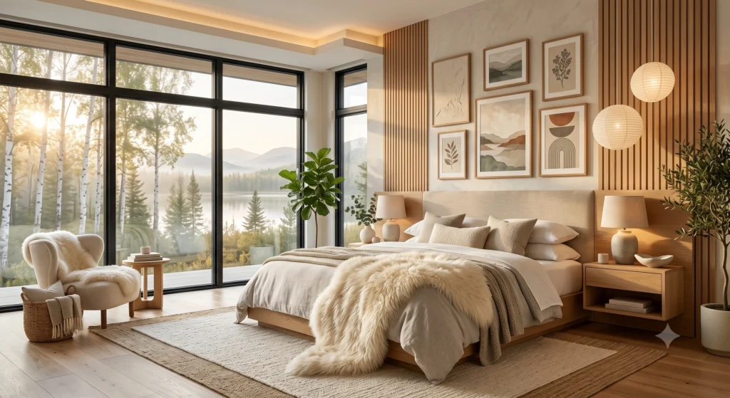 A luxurious Scandinavian bedroom featuring a fluffy ivory Icelandic sheepskin throw draped across the foot of a premium oak bed, layered Belgian linen bedding, cozy bouclé chair with matching sheepskin, oversized Nordic wall art, soft neutral palette, warm oak flooring, and elegant hygge-inspired décor.