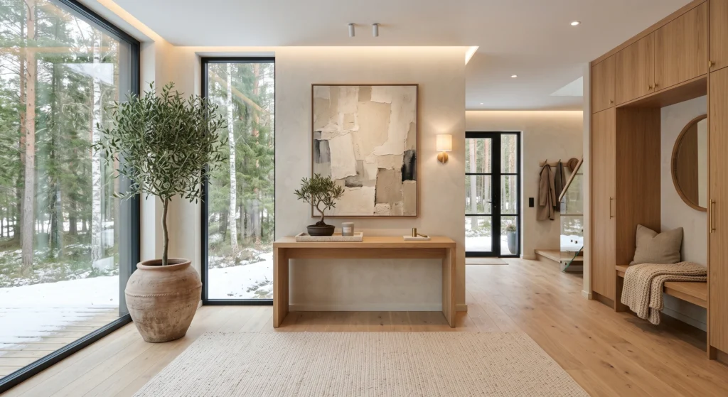 A minimalist Scandinavian entryway featuring a floating white oak console table styled with a travertine tray, ceramic vase, olive branches, scented candle, oversized round mirror, warm oak flooring, elegant Nordic styling.