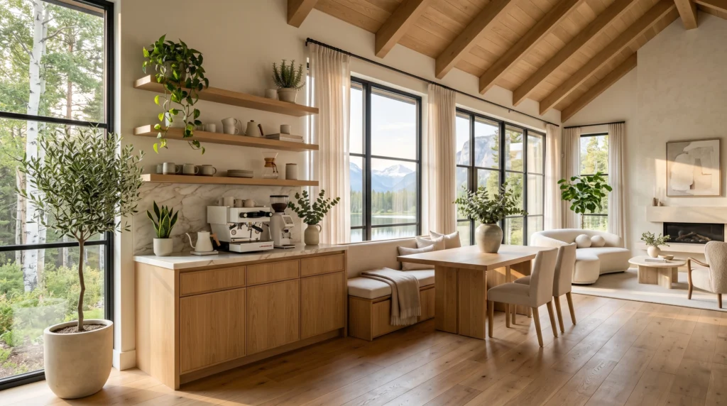 A luxurious Nordic coffee station softened with natural greenery, featuring a small rosemary plant and an elegant olive tree beside the coffee corner. Warm oak cabinetry, handcrafted pottery, marble surfaces, and soft Scandinavian sunlight create a fresh, welcoming atmosphere inspired by biophilic Scandinavian design.