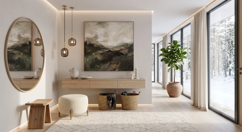 A luxurious Scandinavian foyer featuring a handcrafted solid oak stool with a cream linen cushion beside a soft bouclé ottoman, woven basket underneath, floating oak console, oversized mirror, warm natural lighting, cozy Nordic elegance.