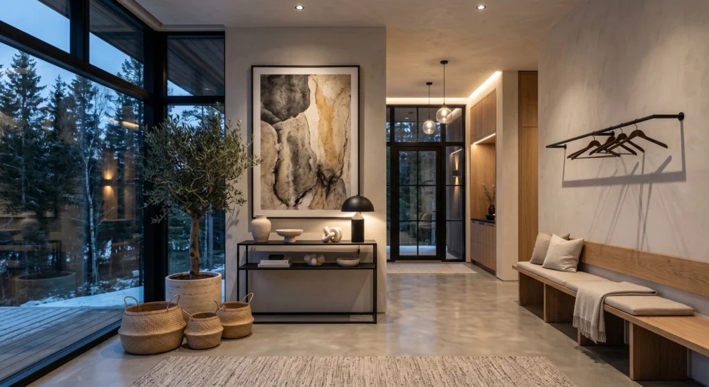 A bright Scandinavian foyer featuring subtle matte black accents including a mirror frame, wall hooks, pendant hardware, and black steel-framed doors contrasted against warm white walls and natural oak finishes.