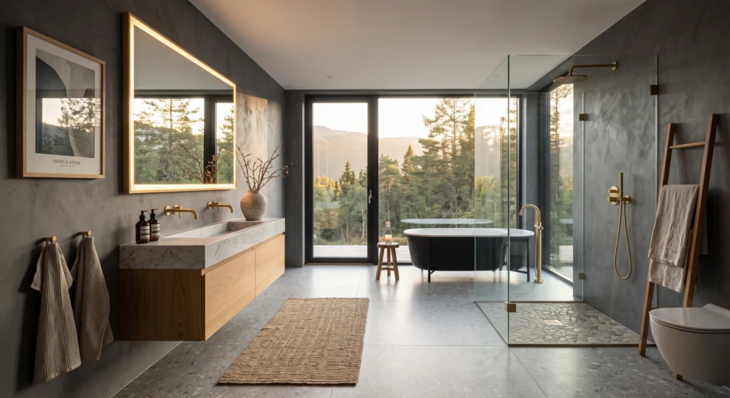Elegant brushed brass pendant lights, warm metallic hardware, and rich charcoal finishes create a luxurious Scandinavian bathroom with timeless Nordic sophistication.
