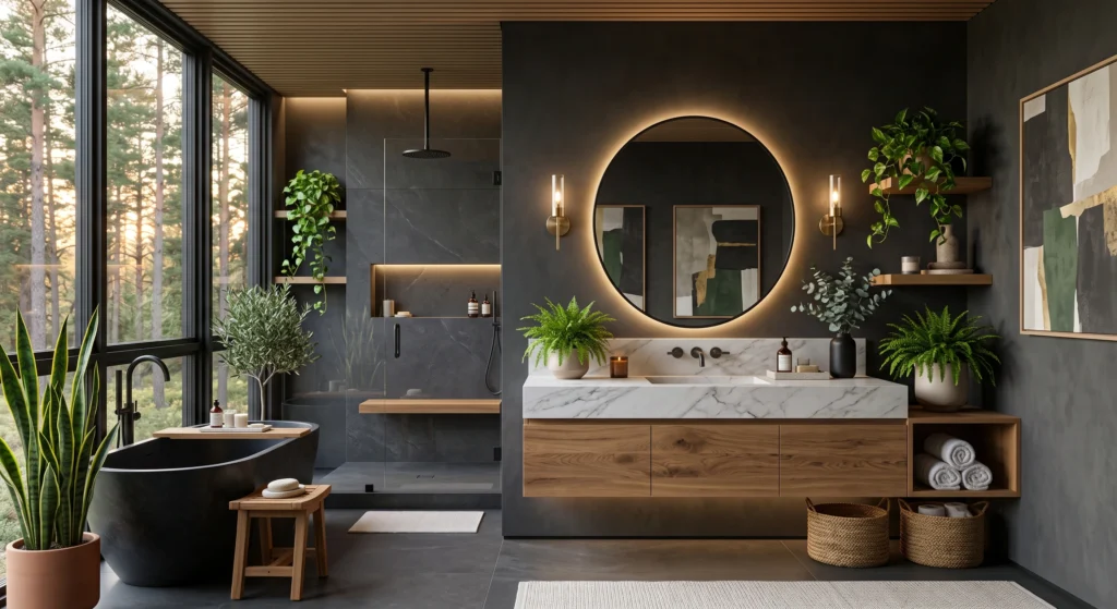 Snake plants, trailing pothos, and eucalyptus bring life and natural freshness to a dramatic dark Scandinavian bathroom filled with warm organic textures.