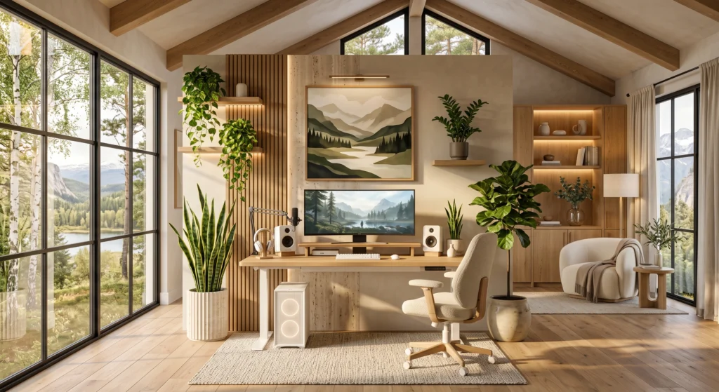 A luxurious Nordic gaming room featuring lush indoor greenery, including a snake plant on the desk, a cascading pothos on floating shelves, and a mature olive tree beside expansive windows. The plants soften the modern gaming setup while adding warmth, freshness, and natural balance to the minimalist Scandinavian interior.