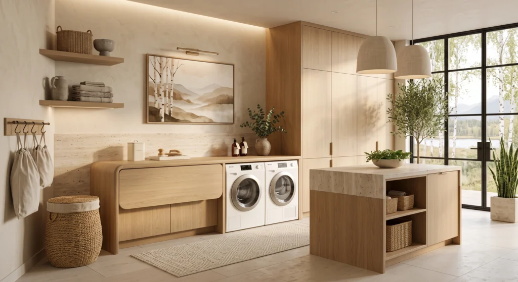 A sophisticated Scandinavian laundry room finished with a framed minimalist Nordic art print, a soft washable wool rug, a handcrafted woven laundry hamper, ceramic detergent containers, and elegant natural décor. Thoughtfully layered styling transforms the practical utility room into a warm, luxurious, and beautifully curated living space.