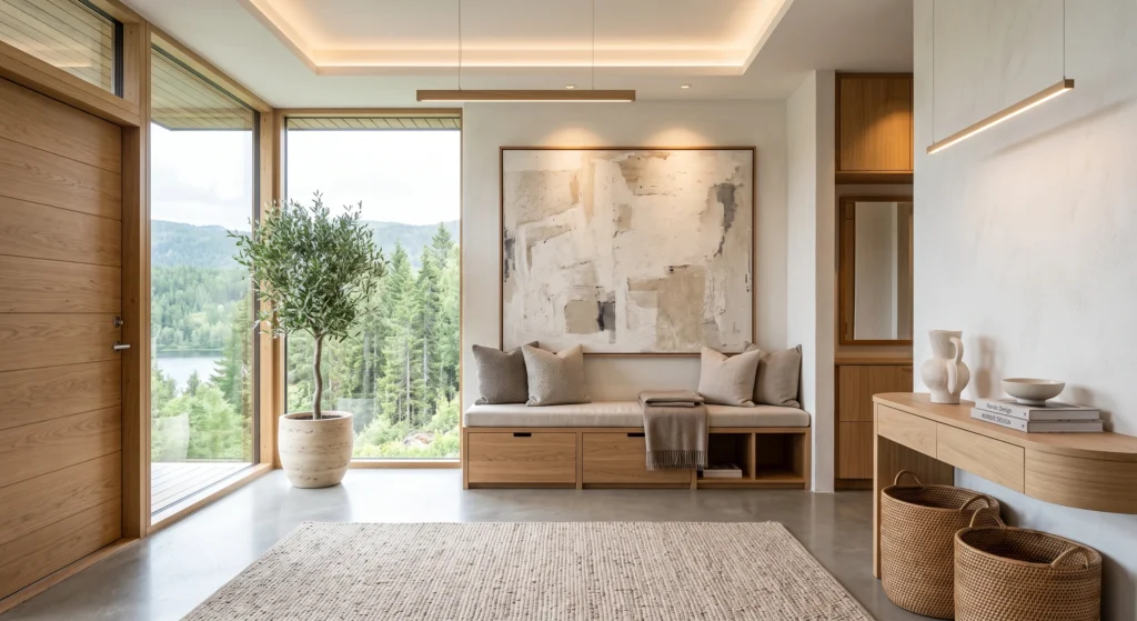 A sophisticated Scandinavian entrance featuring a handcrafted solid oak storage bench with cream linen cushion, woven baskets underneath, oversized abstract wall art, natural oak flooring, soft lighting, olive branches in ceramic vase, cozy Nordic luxury.