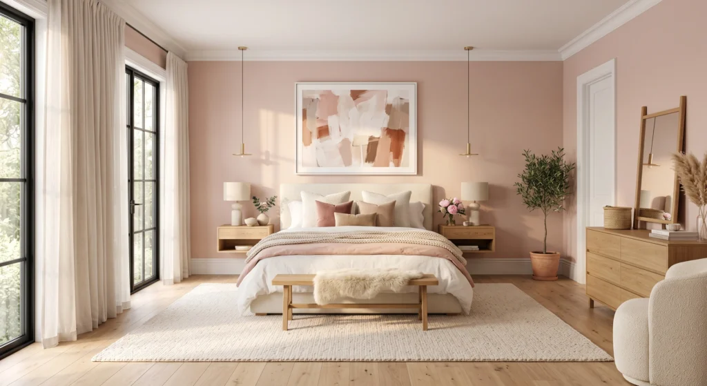 Blush pink Scandinavian bedroom with white trim, oak furniture and luxury linen bedding.