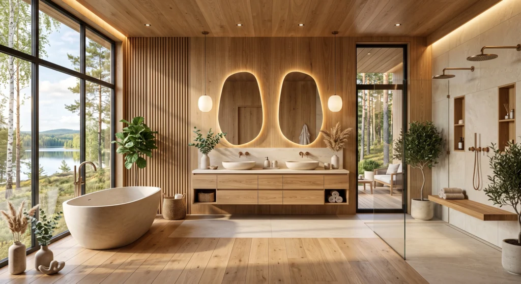 A warm Scandinavian spa bathroom showcasing floor-to-ceiling white oak wall paneling, a handcrafted floating oak double vanity, natural stone flooring, a freestanding bathtub, and elegant Nordic décor creating a cozy luxury retreat.