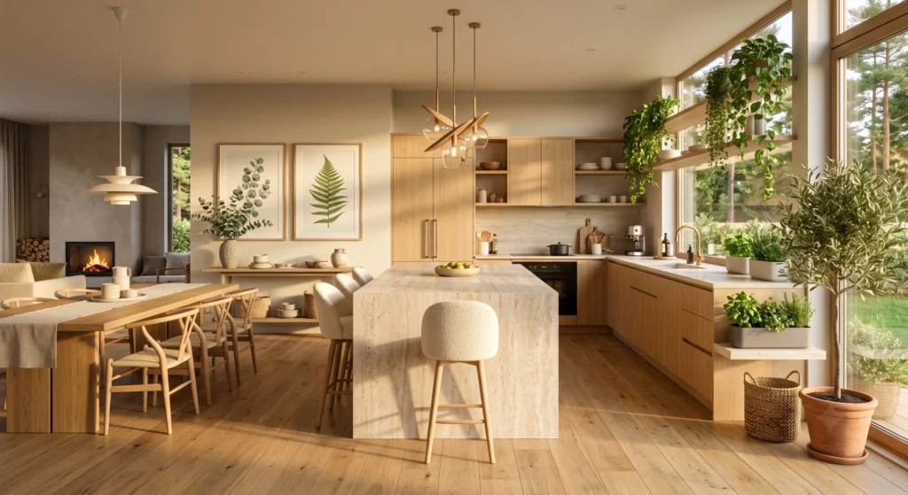 A fresh Scandinavian kitchen filled with lush indoor plants, herb gardens, olive trees, and trailing greenery, complemented by natural oak cabinetry, oversized botanical wall art, and bright floor-to-ceiling windows.