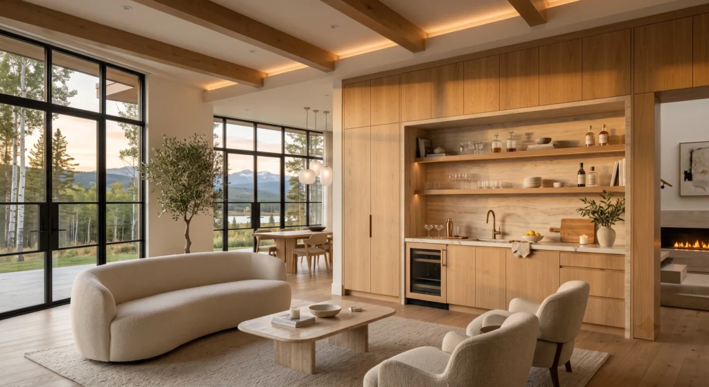 An ultra-luxury Scandinavian home showcasing a custom-built floor-to-ceiling European white oak bar cabinet with illuminated floating shelves, concealed storage, and a Calacatta marble preparation counter framed by Italian travertine. Crystal glassware, artisan ceramics, and curated décor are displayed with generous breathing room. The open-plan interior includes a luxurious lounge, limestone fireplace, elegant dining area, warm architectural lighting, panoramic windows, and spectacular Scandinavian landscape views.