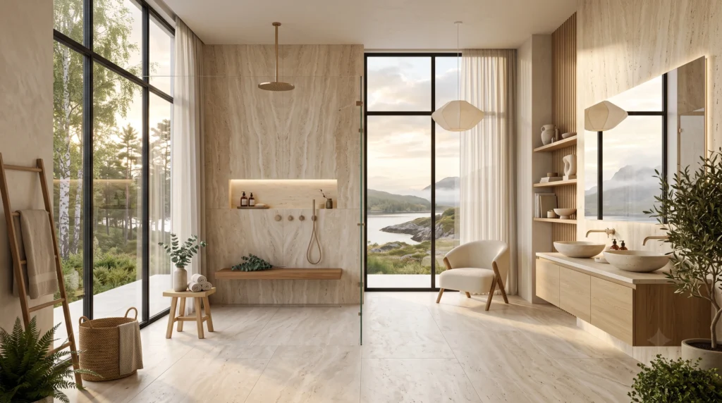 A luxurious Scandinavian bathroom featuring oversized large-format limestone and travertine tiles with minimal grout lines, creating a spacious spa-inspired atmosphere. The seamless surfaces, frameless glass shower, floating oak vanity, and warm natural lighting emphasize clean architectural lines and timeless Nordic simplicity.