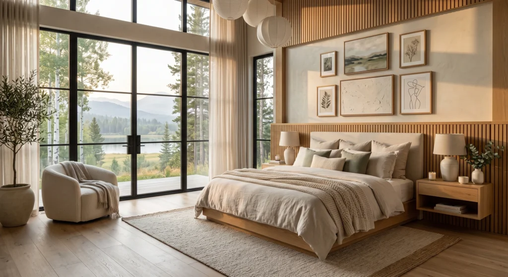 A bright luxury Scandinavian bedroom showcasing premium Belgian linen bedding, organic cotton sheets, layered natural textiles, oversized linen pillows, handcrafted oak bed frame, textured neutral bedding, panoramic forest views, warm sunlight, elegant Scandinavian wall art, ceramic décor, and calm minimalist styling.