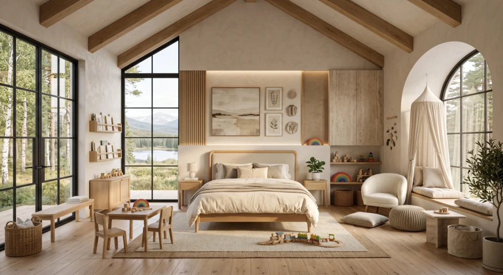 A premium Scandinavian kids' room designed with solid oak furniture, organic linen bedding, handwoven wool rugs, and handcrafted wooden toys arranged on floating shelves. Every natural material—from limewash walls to woven baskets and ceramic accessories—creates a healthy, child-friendly environment that feels warm, sustainable, and beautifully timeless.
