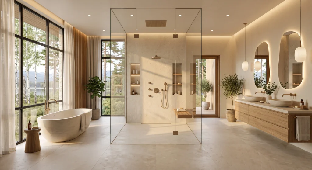 A luxury Scandinavian bathroom featuring a spacious curbless walk-in shower with frameless glass, oversized rainfall showerhead, floating teak bench, natural limestone walls, and elegant Nordic spa styling.